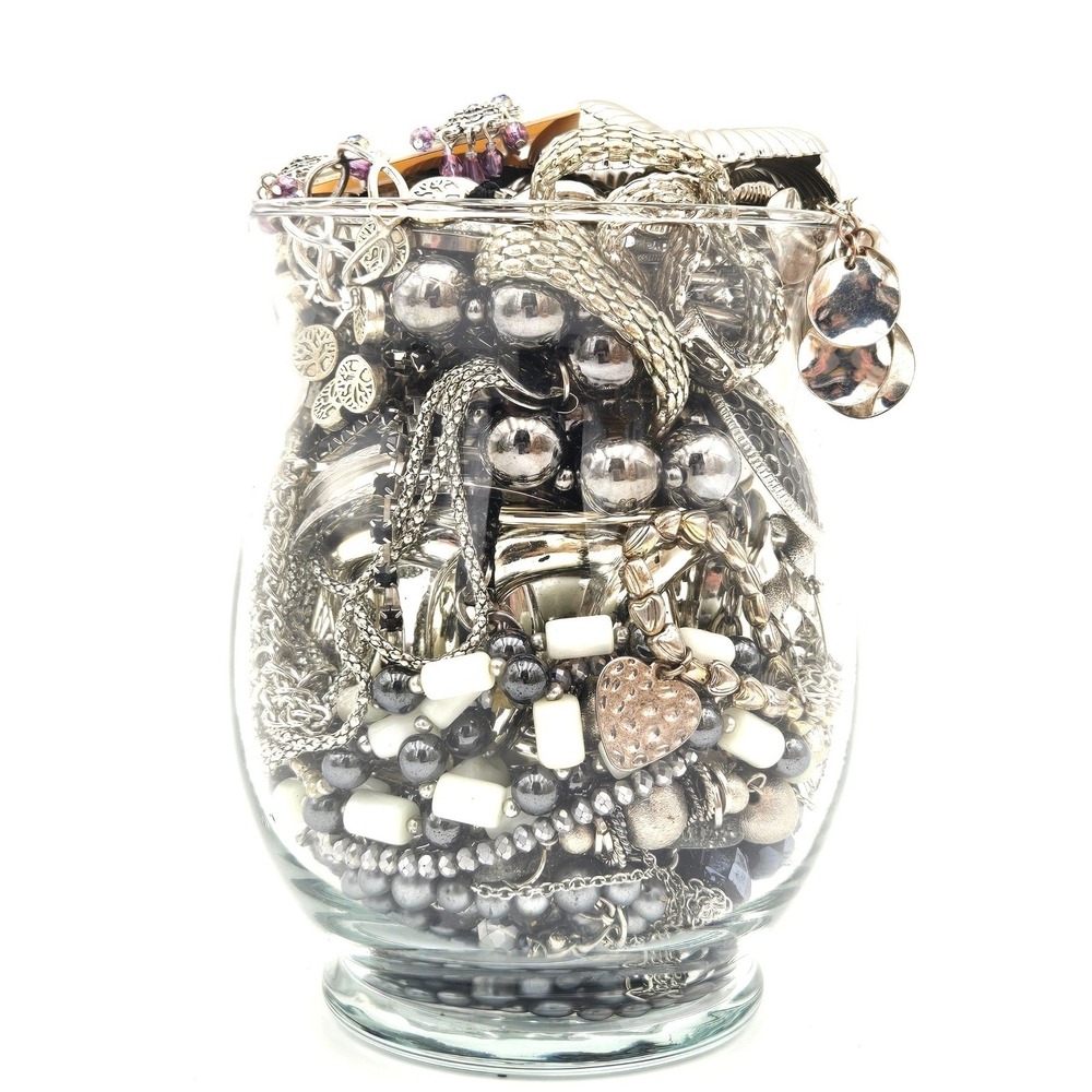 Silver Tone Costume Jewelry Mystery Jar 1lb 12oz Necklaces Bracelets Earrings